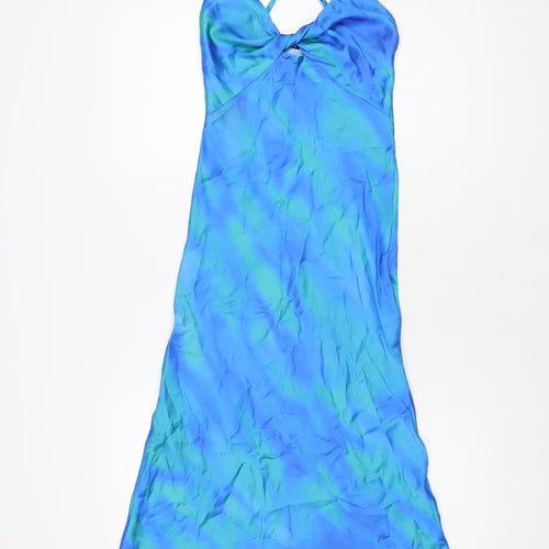Bershka Womens Blue Geometric Polyester Slip Dress Size XS V-Neck Pullover