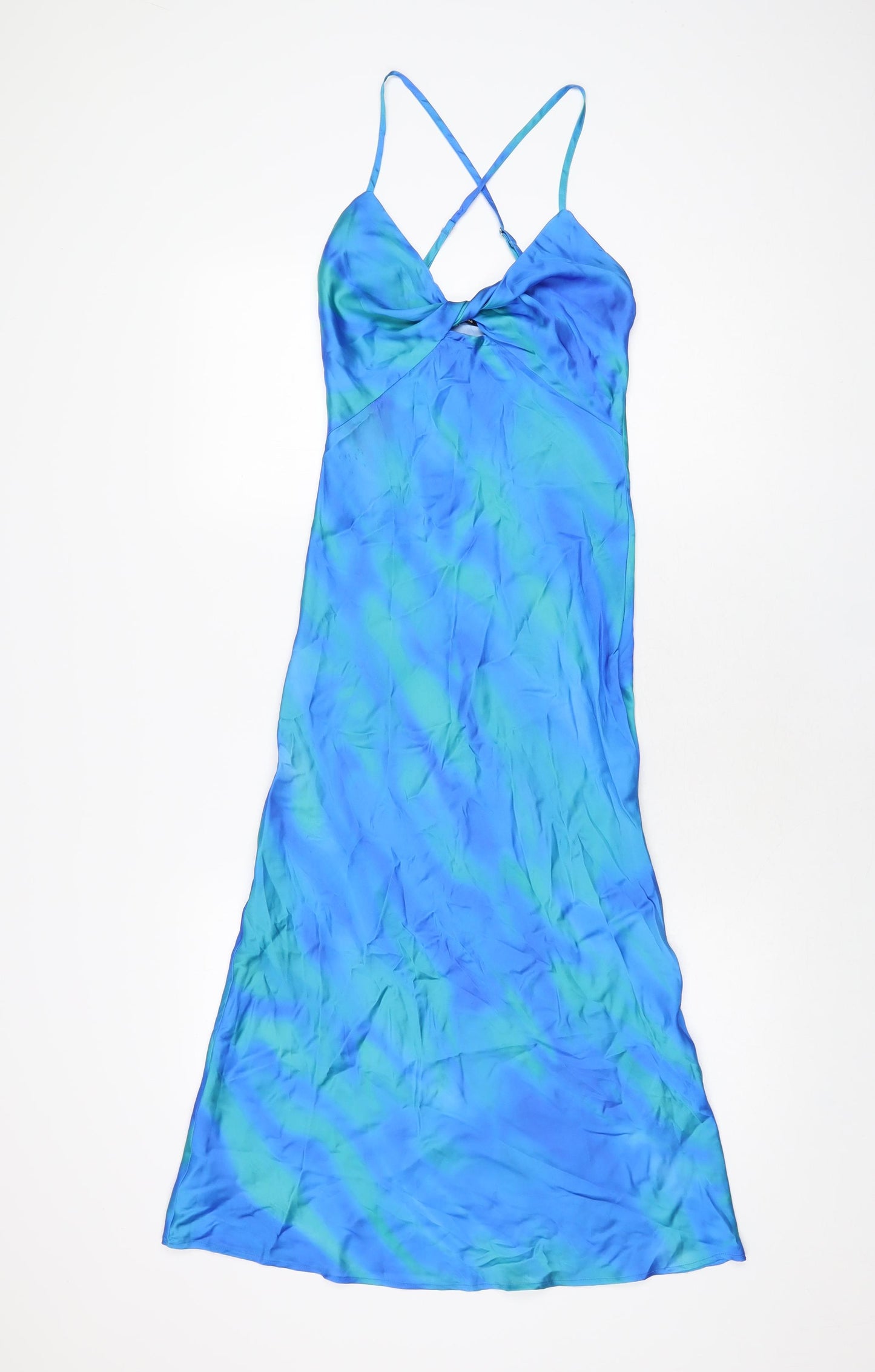 Bershka Womens Blue Geometric Polyester Slip Dress Size XS V-Neck Pullover