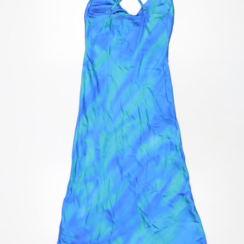 Bershka Womens Blue Geometric Polyester Slip Dress Size XS V-Neck Pullover
