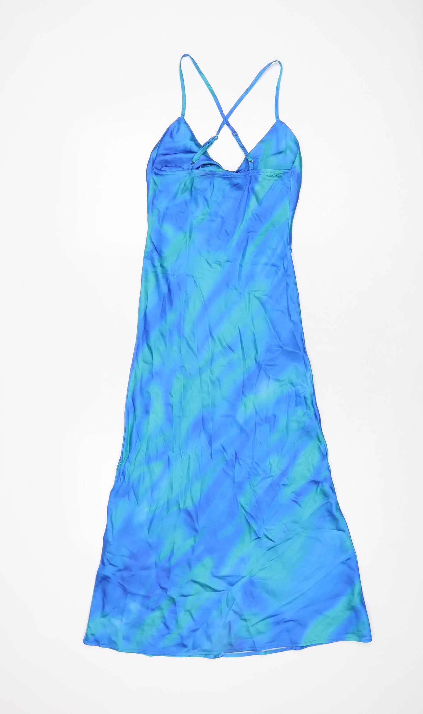 Bershka Womens Blue Geometric Polyester Slip Dress Size XS V-Neck Pullover
