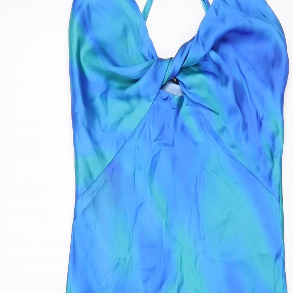 Bershka Womens Blue Geometric Polyester Slip Dress Size XS V-Neck Pullover