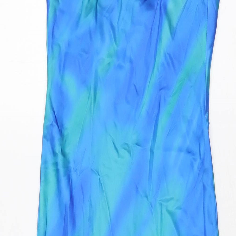 Bershka Womens Blue Geometric Polyester Slip Dress Size XS V-Neck Pullover