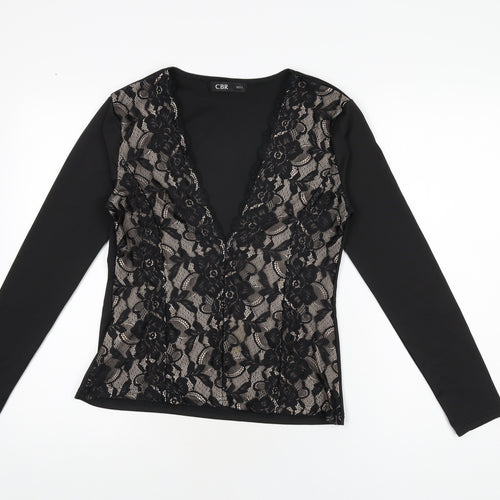 CBR Womens Black Floral Cotton Basic T-Shirt Size S V-Neck