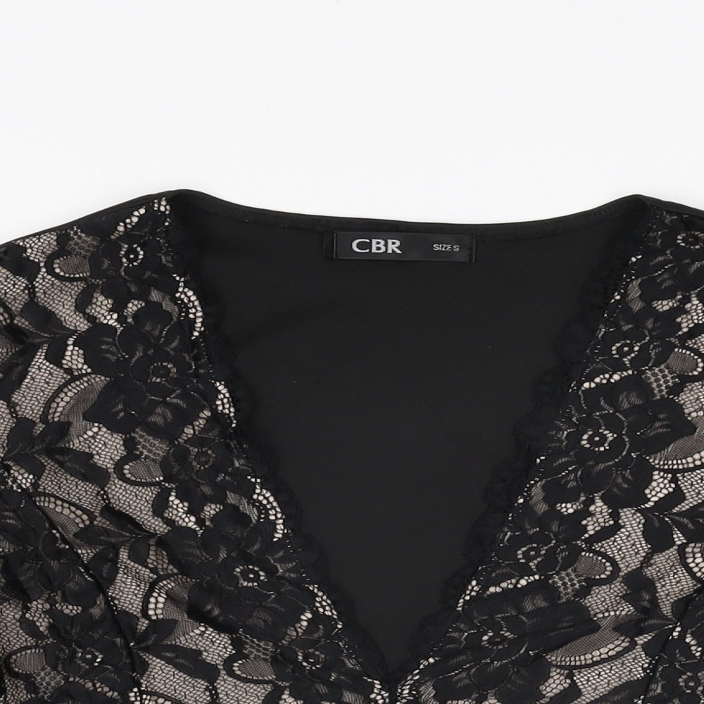 CBR Womens Black Floral Cotton Basic T-Shirt Size S V-Neck
