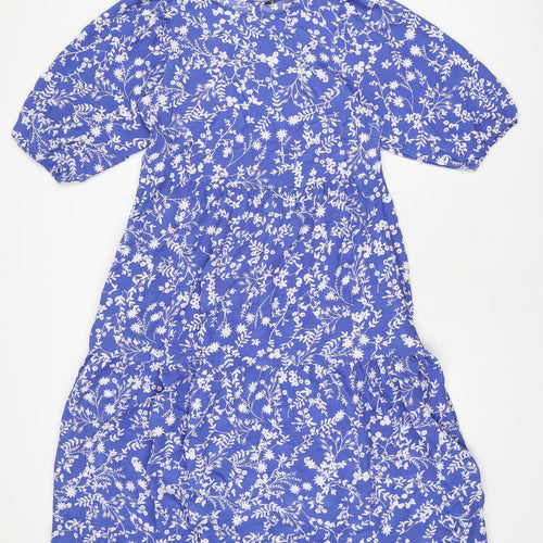 Marks and Spencer Womens Blue Floral Polyester A-Line Size 10 Round Neck Button