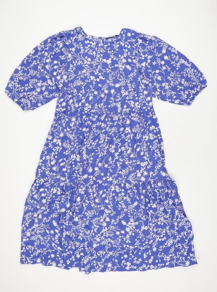 Marks and Spencer Womens Blue Floral Polyester A-Line Size 10 Round Neck Button