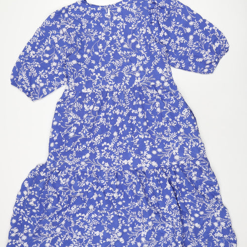 Marks and Spencer Womens Blue Floral Polyester A-Line Size 10 Round Neck Button