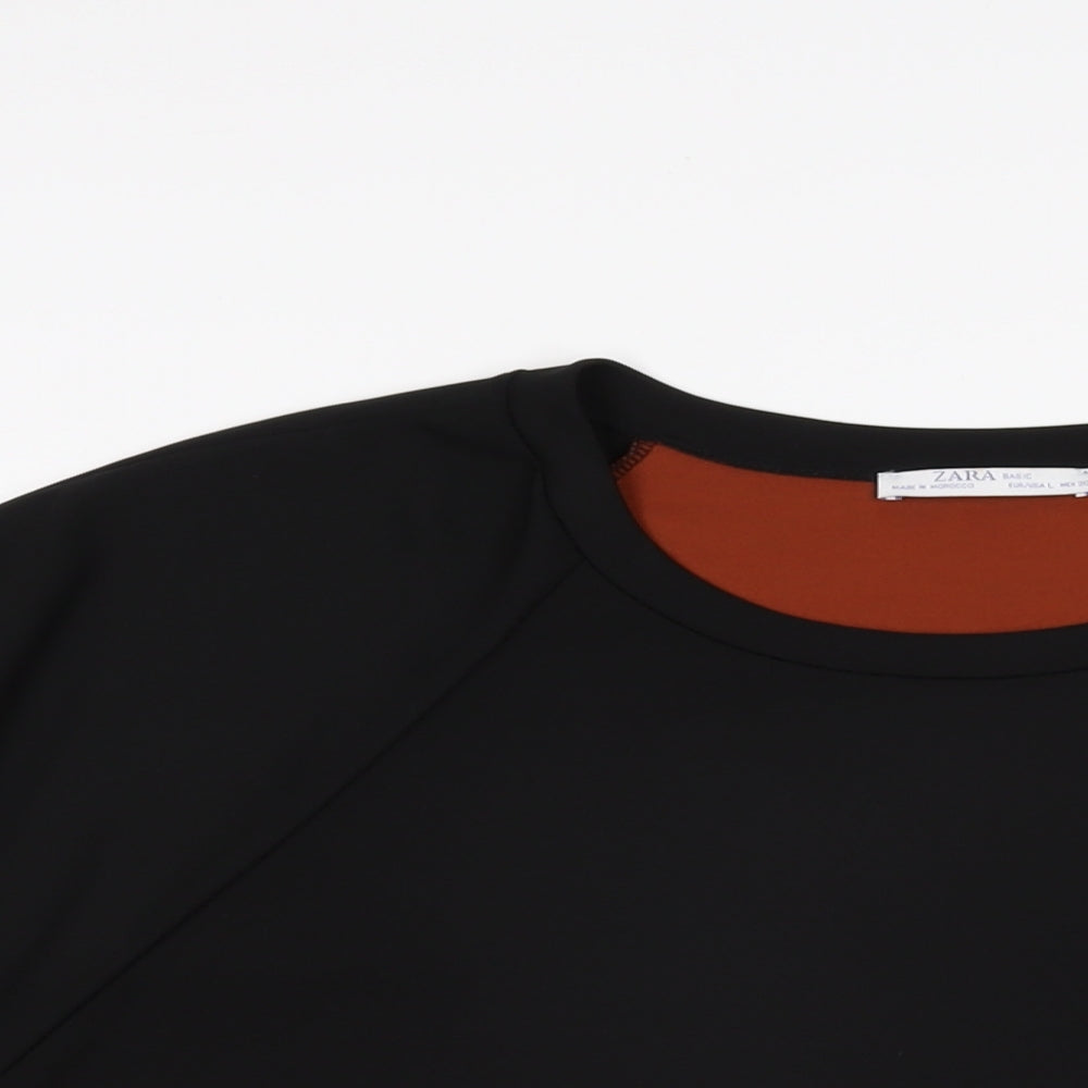 Zara Womens Black Polyester Basic T-Shirt Size L Round Neck
