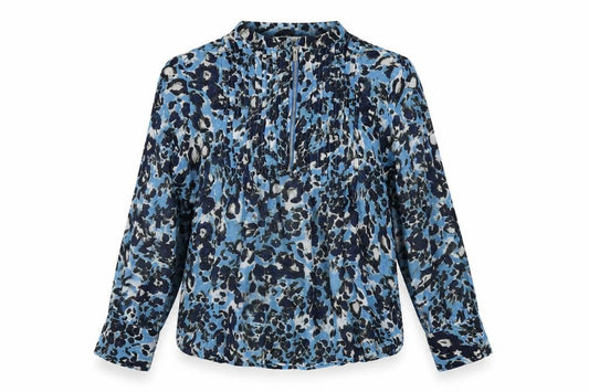 Front view of Next women’s blue geometric viscose basic blouse, size UK 6, round neck