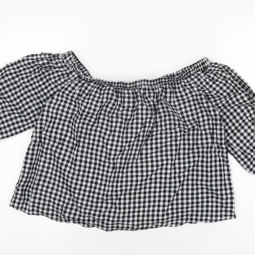 Caution To The Wind Womens Black Geometric Cotton Basic T-Shirt Size M Off the Shoulder - Gingham