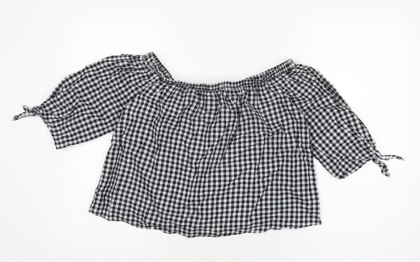 Caution To The Wind Womens Black Geometric Cotton Basic T-Shirt Size M Off the Shoulder - Gingham