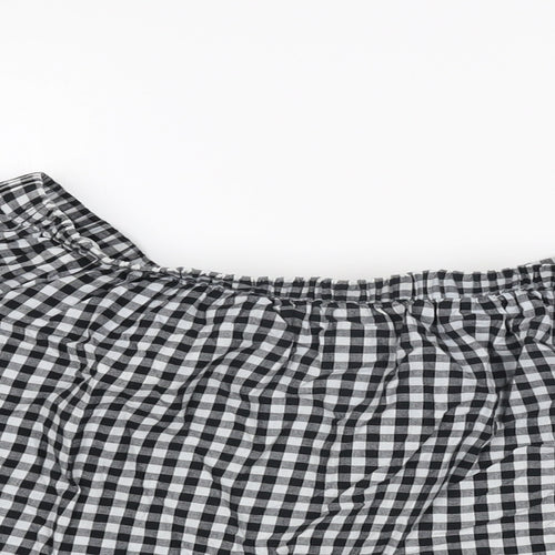 Caution To The Wind Womens Black Geometric Cotton Basic T-Shirt Size M Off the Shoulder - Gingham