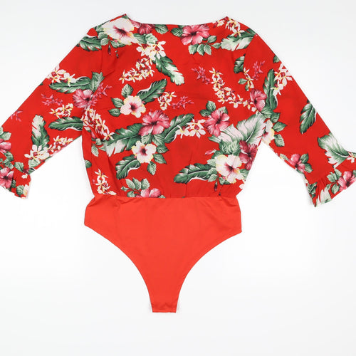 Boohoo Womens Red Floral Polyester Bodysuit One-Piece Size 12 Snap