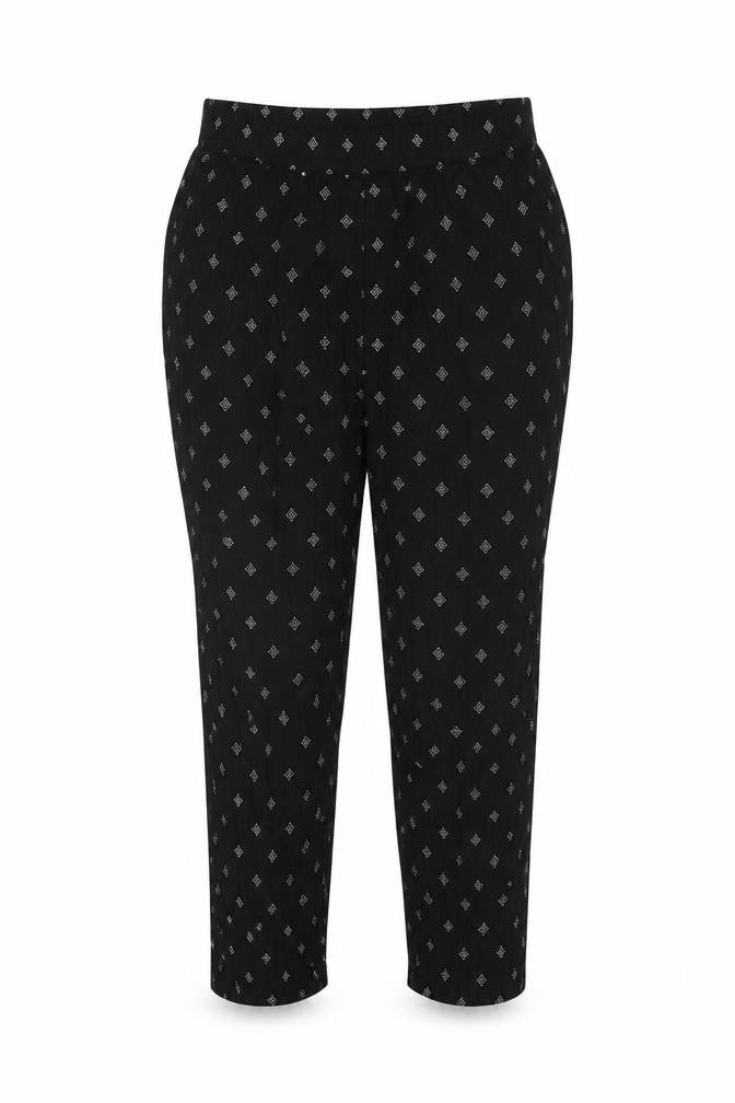 Front view of H&M women’s black geometric viscose trousers, size UK 12, 25.5-inch leg regular
