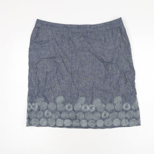 White Stuff Womens Blue Geometric Linen A-Line Skirt Size 14 Zip