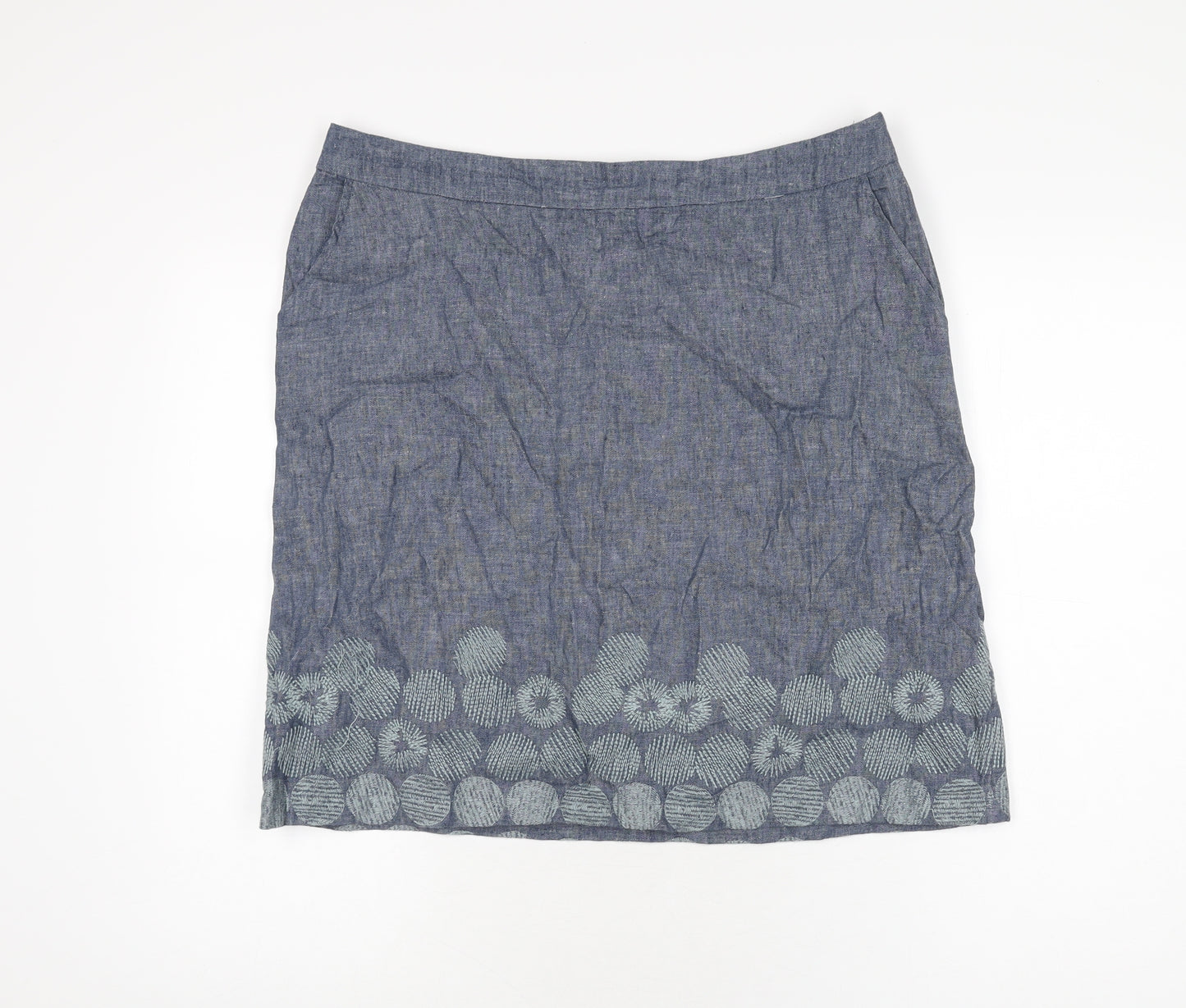 White Stuff Womens Blue Geometric Linen A-Line Skirt Size 14 Zip