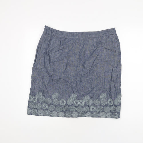 White Stuff Womens Blue Geometric Linen A-Line Skirt Size 14 Zip