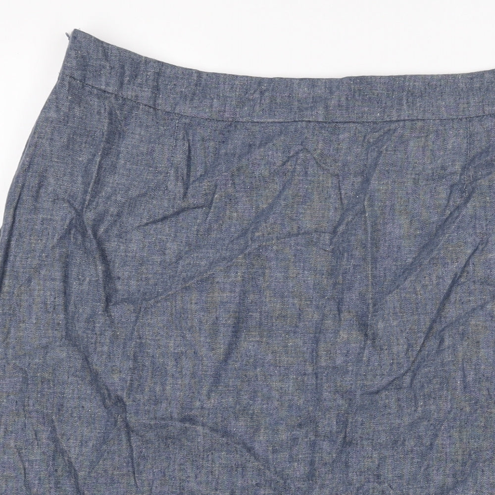 White Stuff Womens Blue Geometric Linen A-Line Skirt Size 14 Zip