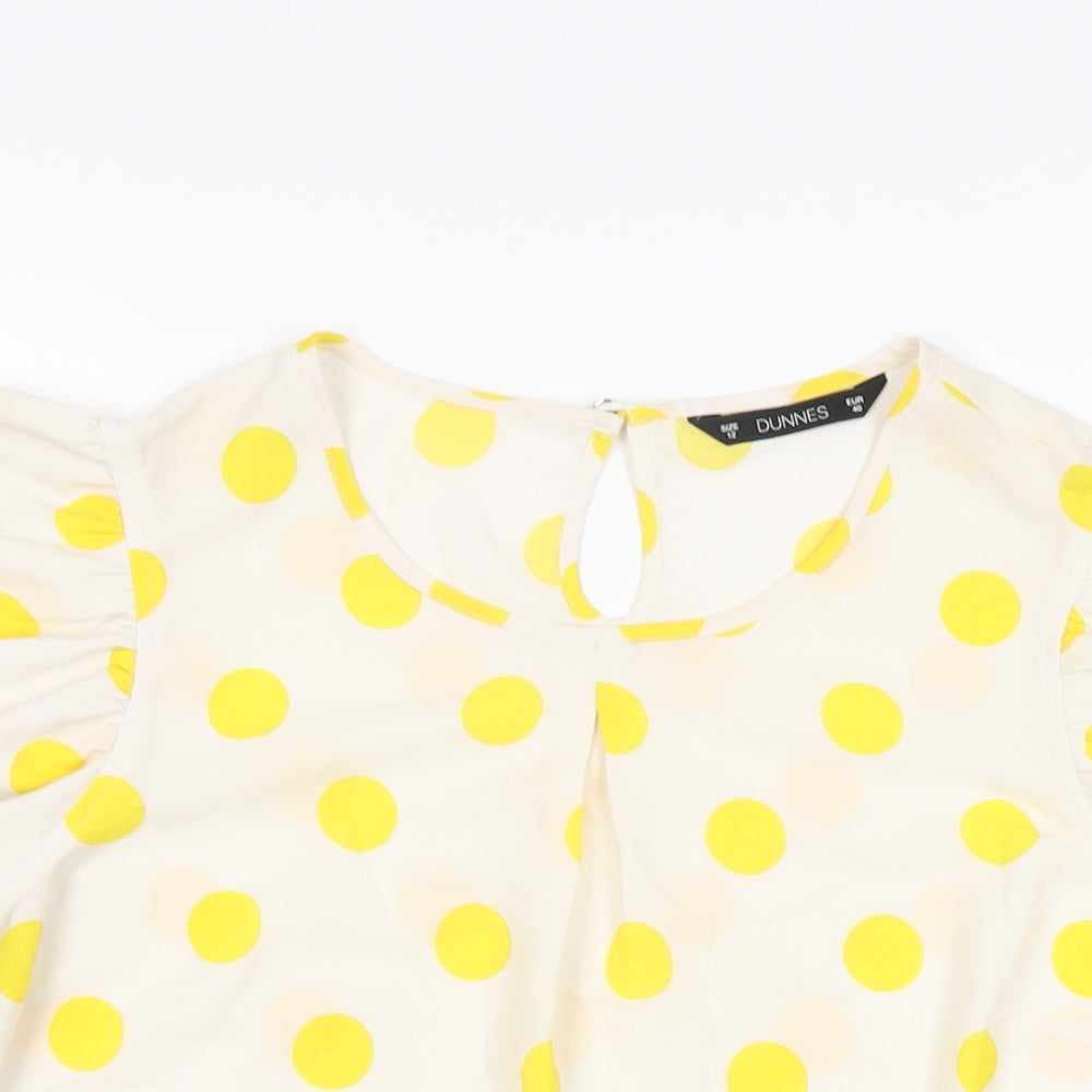 Dunnes Womens White Polka Dot Polyester Basic Blouse Size 12 Round Neck