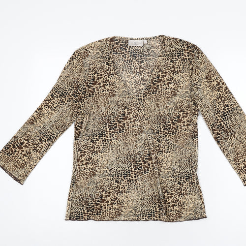 CC Womens Brown Animal Print Polyester Basic T-Shirt Size S V-Neck