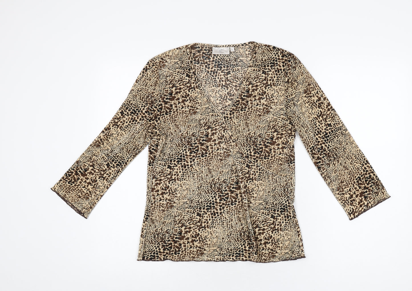 CC Womens Brown Animal Print Polyester Basic T-Shirt Size S V-Neck