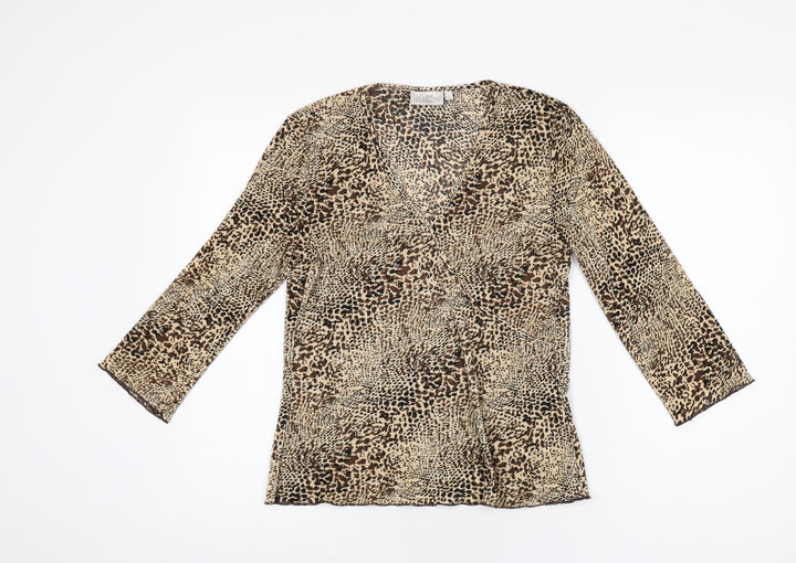 CC Womens Brown Animal Print Polyester Basic T-Shirt Size S V-Neck