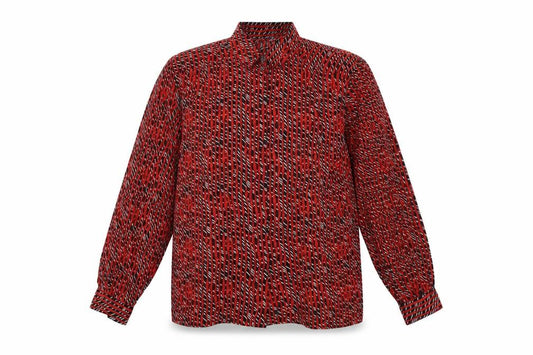 Front view of Elite women’s red geometric polyester basic button-up, size UK 14, collared