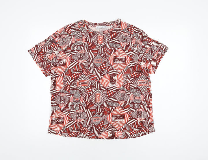 Mango Womens Red Geometric Cotton Basic T-Shirt Size L Round Neck