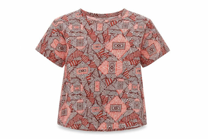 Mango Womens Red Geometric Cotton Basic T-Shirt Size L Round Neck