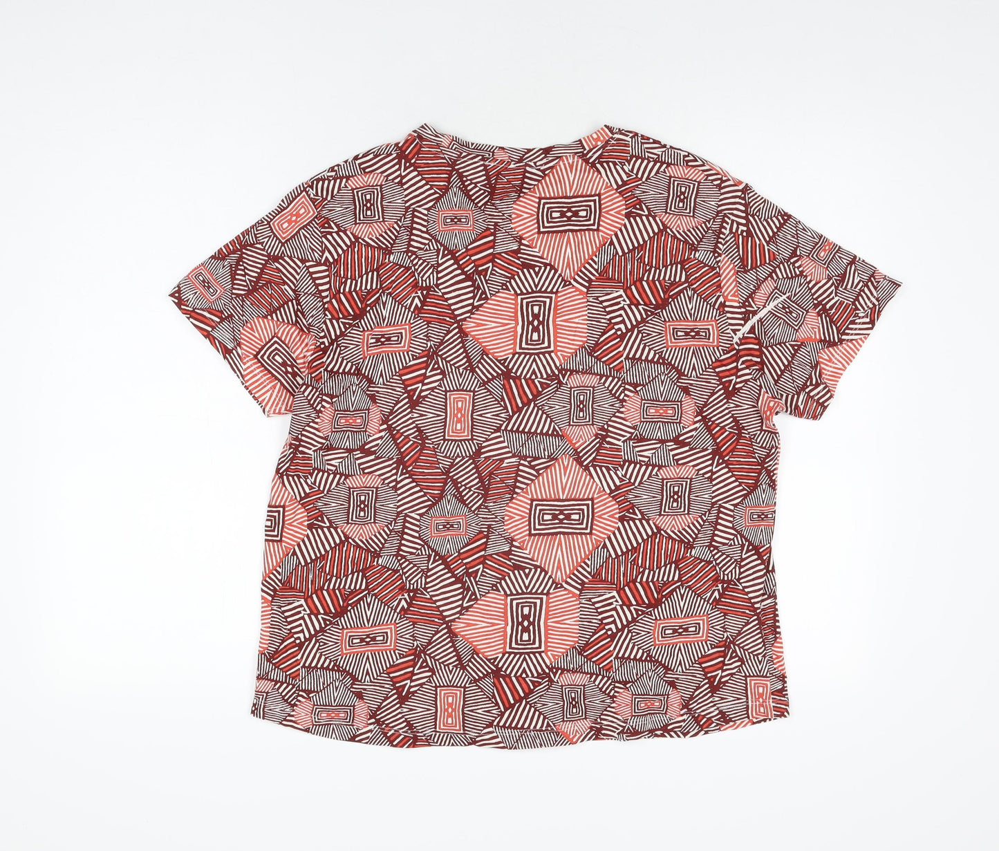 Mango Womens Red Geometric Cotton Basic T-Shirt Size L Round Neck
