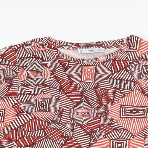 Mango Womens Red Geometric Cotton Basic T-Shirt Size L Round Neck