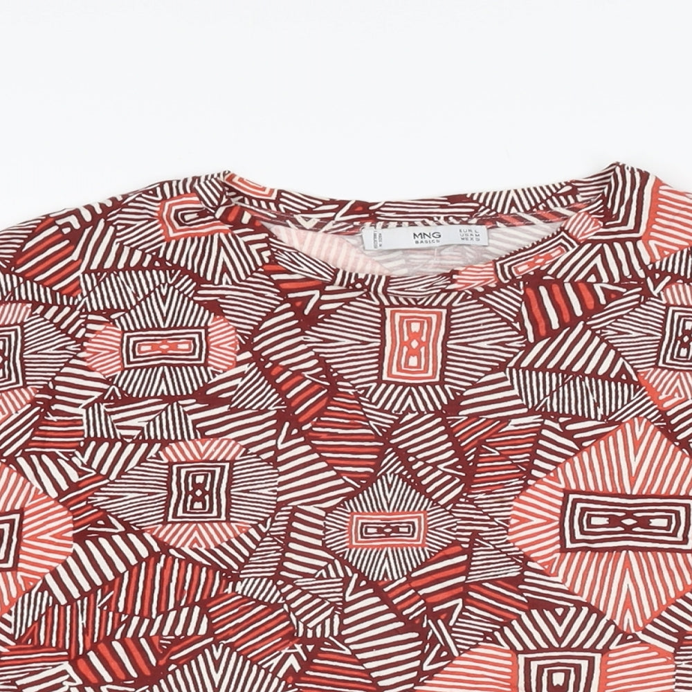 Mango Womens Red Geometric Cotton Basic T-Shirt Size L Round Neck