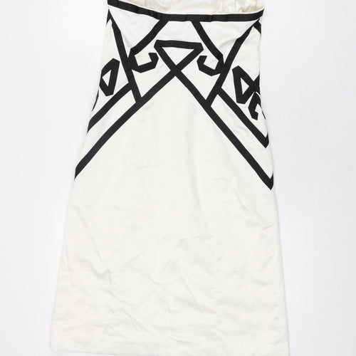 Debut Womens White Geometric Polyester A-Line Size 8 Off the Shoulder Zip