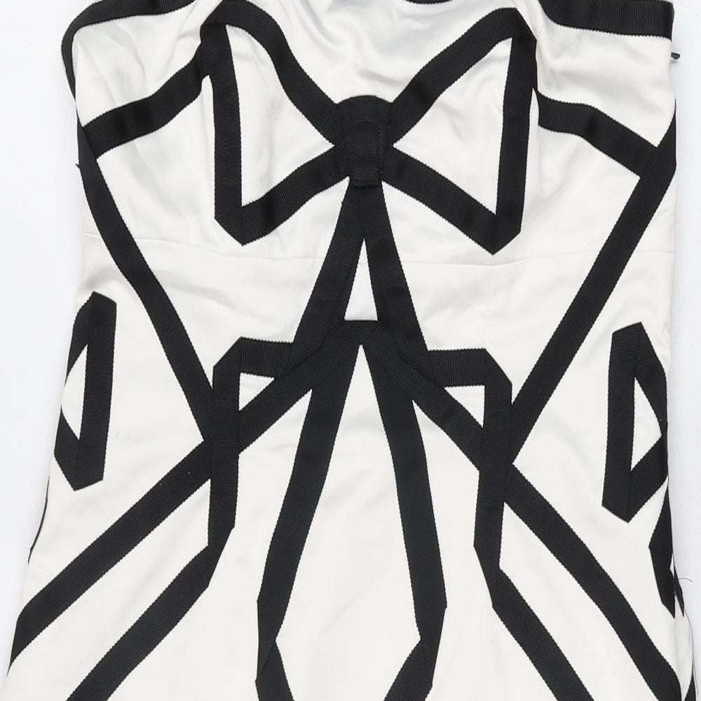 Debut Womens White Geometric Polyester A-Line Size 8 Off the Shoulder Zip