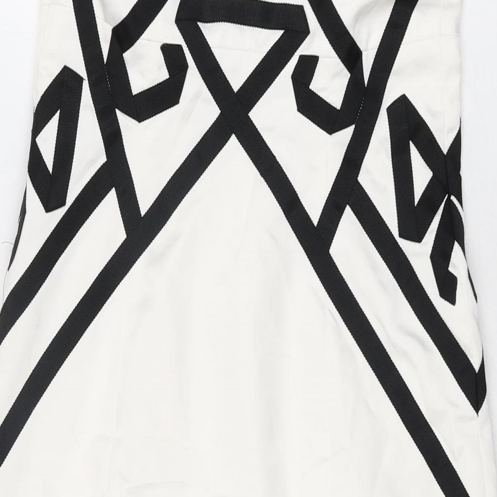 Debut Womens White Geometric Polyester A-Line Size 8 Off the Shoulder Zip