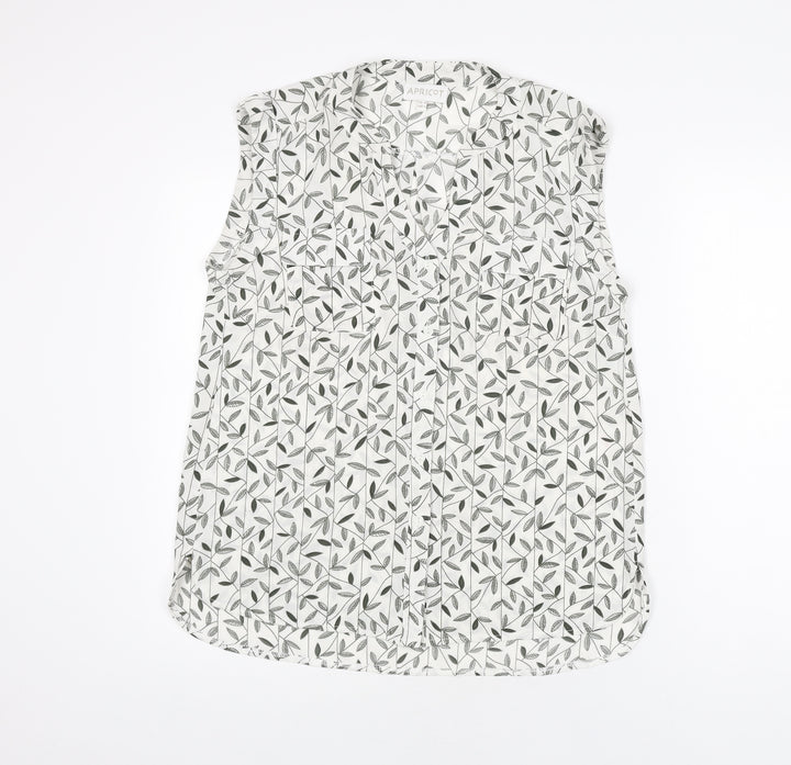 Apricot Womens White Geometric Polyester Basic Button-Up Size 10 V-Neck - Leaf Print