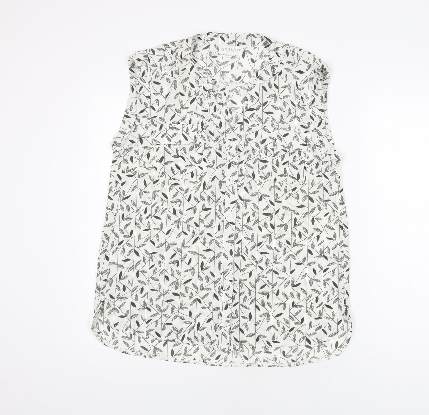 Apricot Womens White Geometric Polyester Basic Button-Up Size 10 V-Neck - Leaf Print