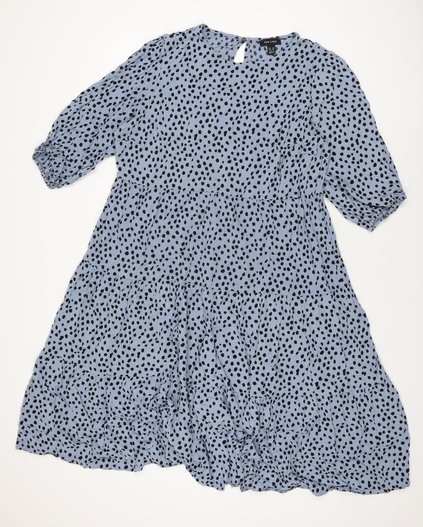 New Look Womens Blue Polka Dot Viscose A-Line Size 18 Round Neck Button
