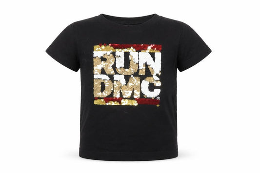 Front view of Run DMC Baby Black Cotton Basic T-Shirt, size 12-18, Months Round Neck Pullover - Reversible Sequins