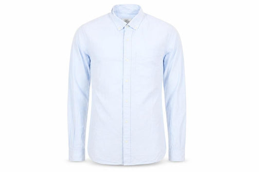 Front view of Next men’s blue cotton dress shirt, size S, collared button
