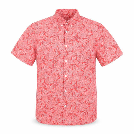 Front view of Burton men’s red floral cotton button-up, size M, collared button