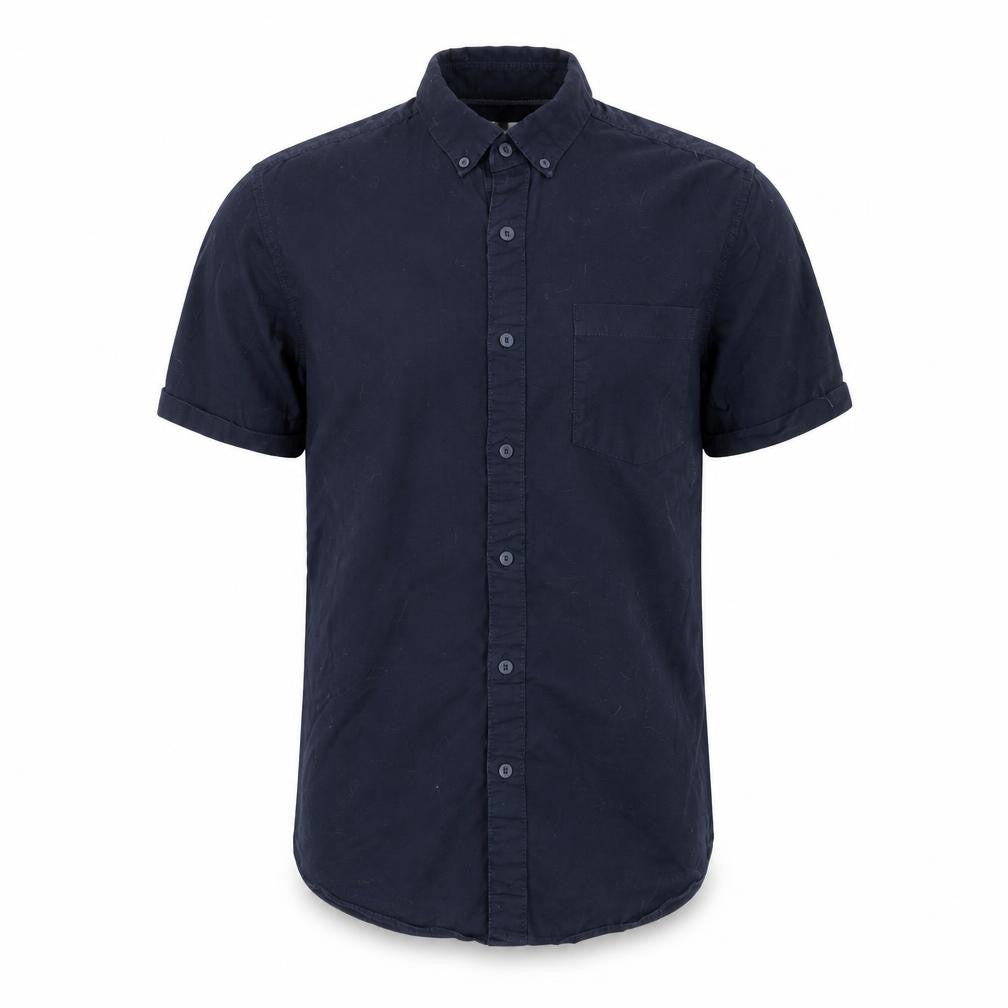 Front view of Topman men’s blue cotton button-up, size M, collared button