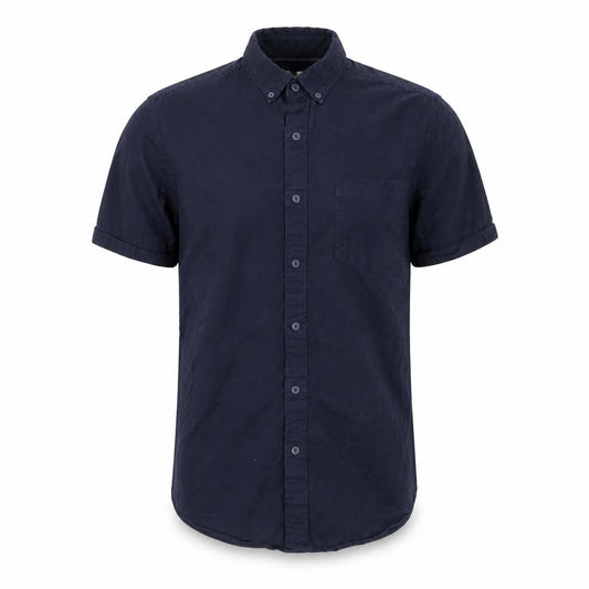 Front view of Topman men’s blue cotton button-up, size M, collared button