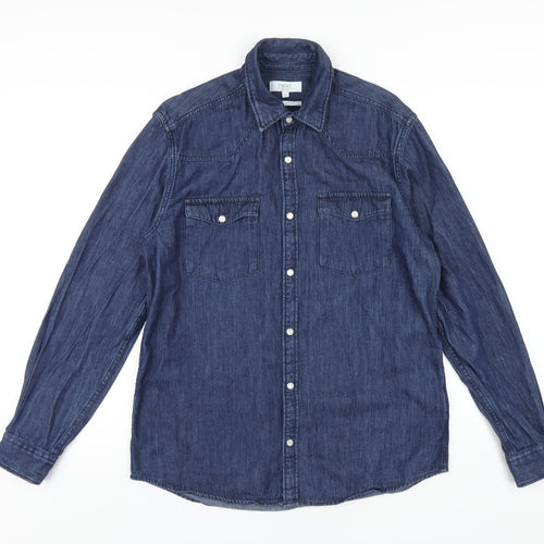 NEXT Mens Blue Cotton Button-Up Size MT Collared Snap