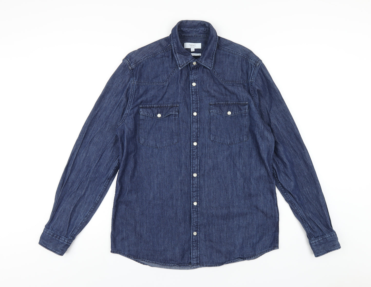 NEXT Mens Blue Cotton Button-Up Size MT Collared Snap