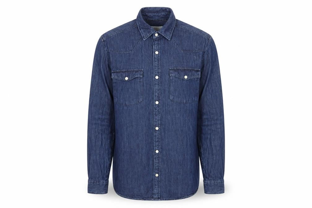 Front view of Next men’s blue cotton button-up size mt collared snap