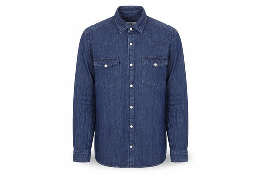 Front view of Next men’s blue cotton button-up size mt collared snap