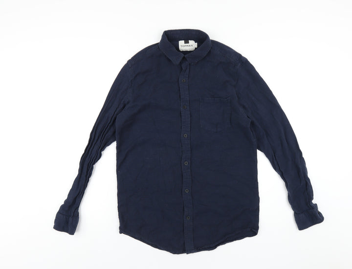Topman Mens Blue Cotton Button-Up Size M Collared Button