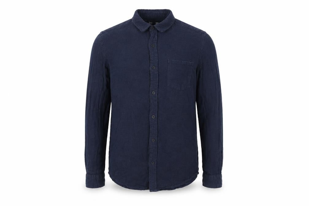 Front view of Topman men’s blue cotton button-up, size M, collared button