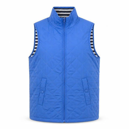 Front view of Cotton Traders women’s blue gilet jacket, size S, zip
